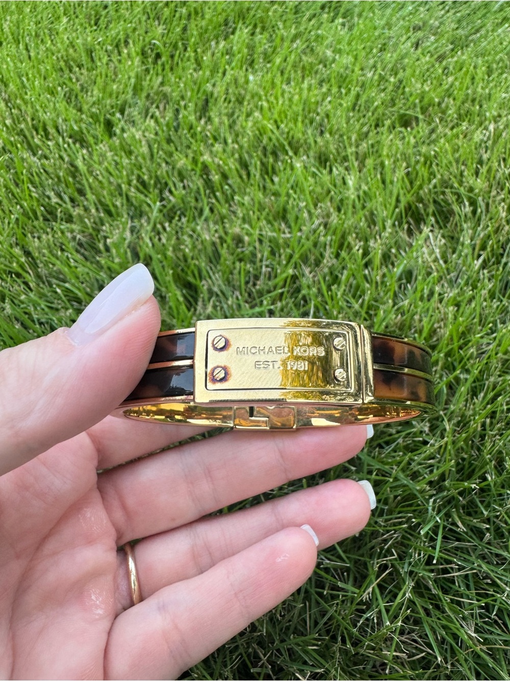 Michael Kors Gold-tone and Tortoiseshell Logo Plaque Bangle